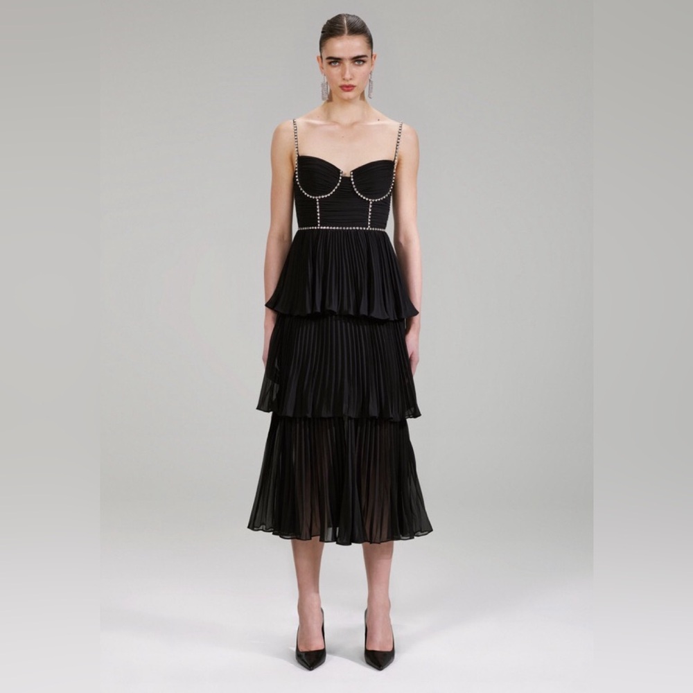 Self-Portrait Black Tiered Pleated Midi Dress with Crystal-Trim Straps US Size 6